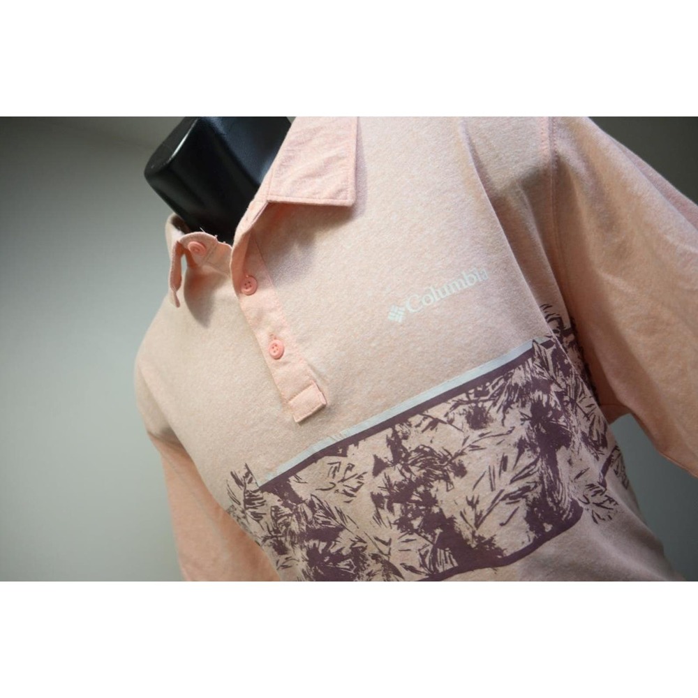 Columbia‎ Polo Shirt Mens Large Peach Floral Omni-Wick Hiking Casual Excellent